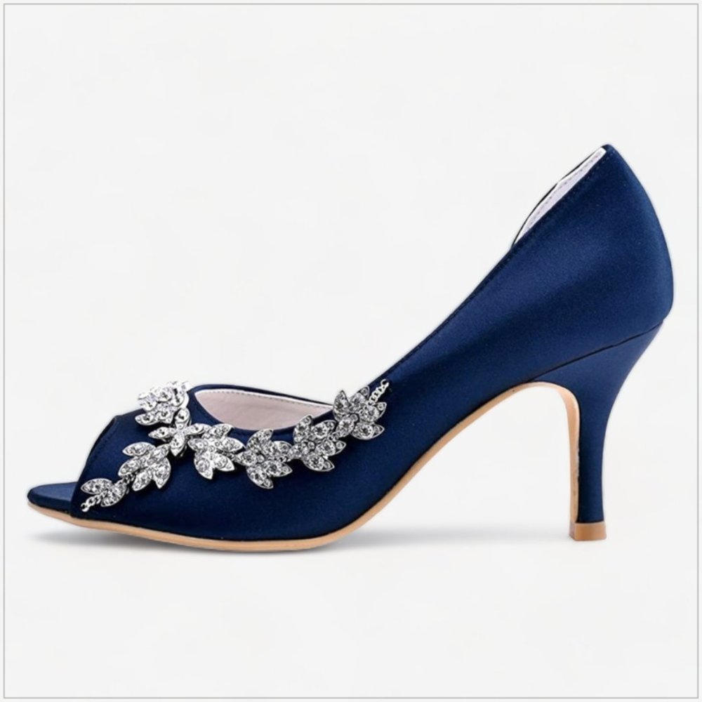 Navy Embellished Peep-Toe Heels. Size 8. - Picture 2 of 9